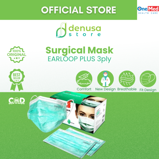 OneMed Masker Bedah Karet - Masker Earloop 3ply - Hijau 50pcs