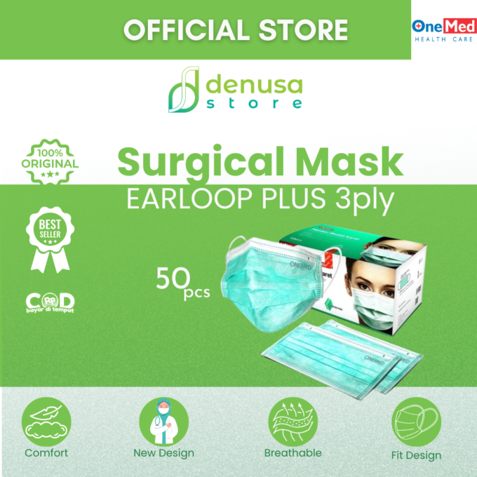 OneMed Masker Bedah Karet - Masker Earloop 3ply - Hijau 50pcs