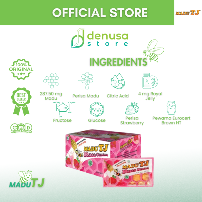 Madu TJ Sachet - Rasa Strawberry - 1 Kotak - 20gr x 12 Sachet