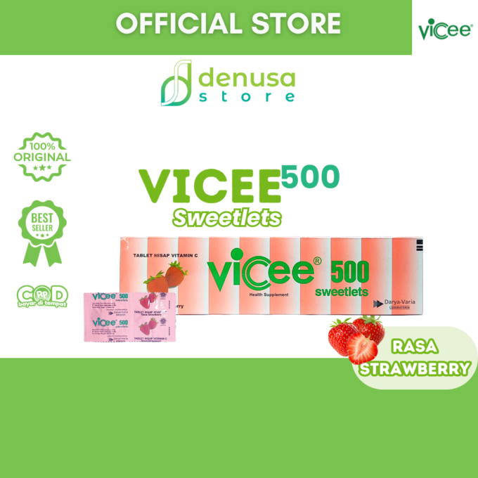 Vicee 500 Sweetlets Tablet Hisap Vitamin C Rasa Strawberry 1 Kotak 100 Tablet
