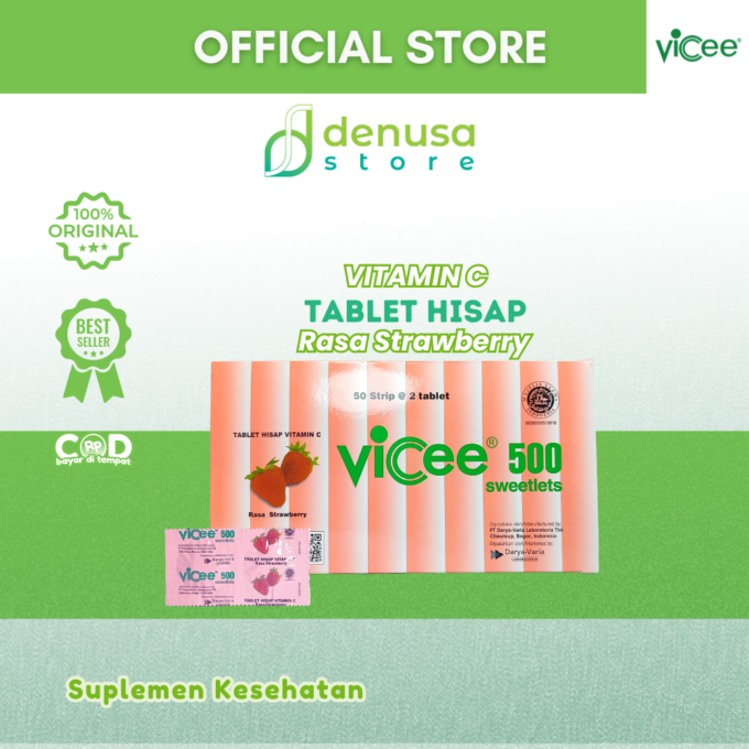 Vicee 500 Sweetlets Tablet Hisap Vitamin C Rasa Strawberry 1 Kotak 100 Tablet