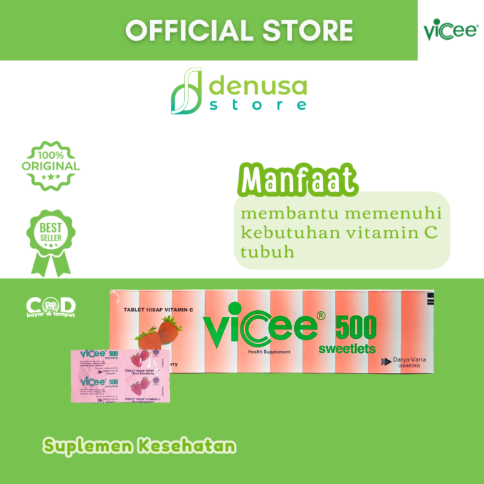 Vicee 500 Sweetlets Tablet Hisap Vitamin C Rasa Strawberry 1 Kotak 100 Tablet