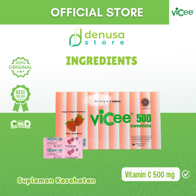 Vicee 500 Sweetlets Tablet Hisap Vitamin C Rasa Strawberry 1 Kotak 100 Tablet