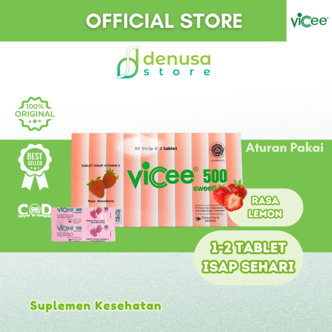 Vicee 500 Sweetlets Tablet Hisap Vitamin C Rasa Strawberry 1 Kotak 100 Tablet