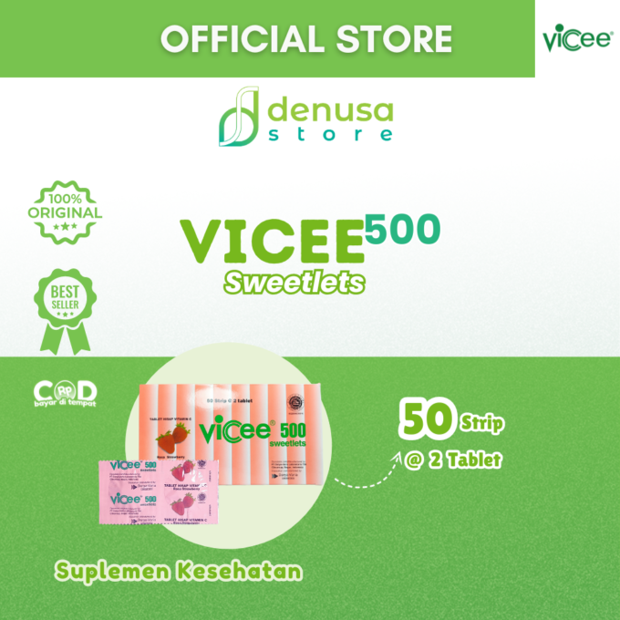 Vicee 500 Sweetlets Tablet Hisap Vitamin C Rasa Strawberry 1 Kotak 100 Tablet