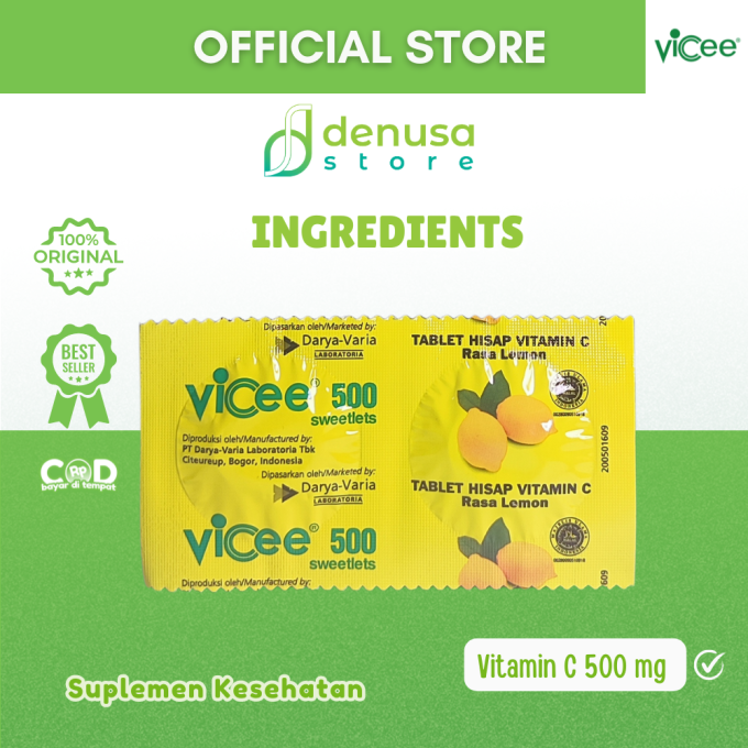 Vicee 500 Sweetlets Tablet Hisap Vitamin C Rasa Lemon 1 Strip 2 Tablet