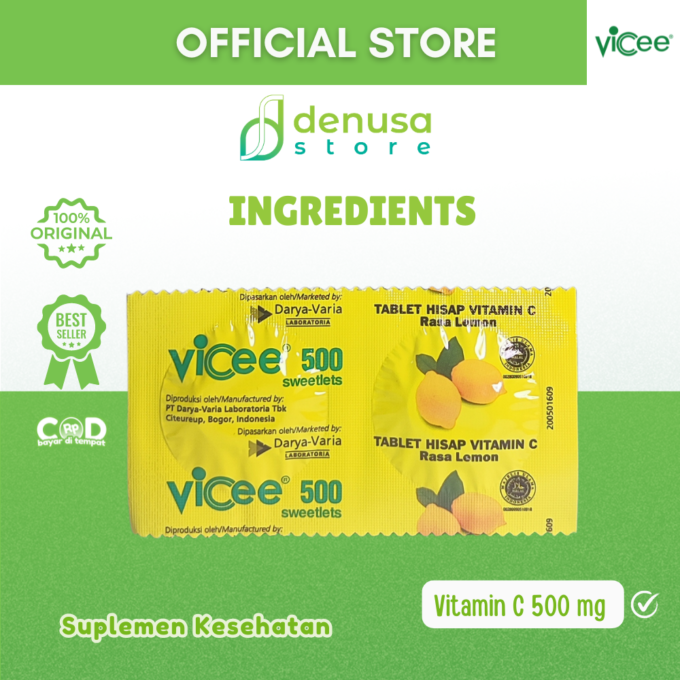 Vicee 500 Sweetlets - Tablet Hisap Vitamin C - Rasa Lemon - 10 Strip - 20 Tablet