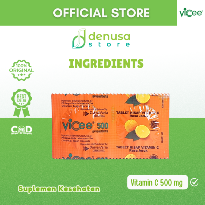 Vicee 500 Sweetlets - Tablet Hisap Vitamin C - Rasa Jeruk - 10 Strip - 20 Tablet