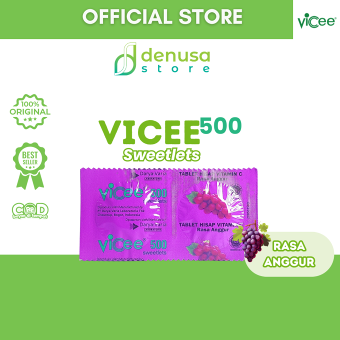 Vicee 500 Sweetlets - Tablet Hisap Vitamin C - Rasa Anggur - 10 Strip - 20 Tablet