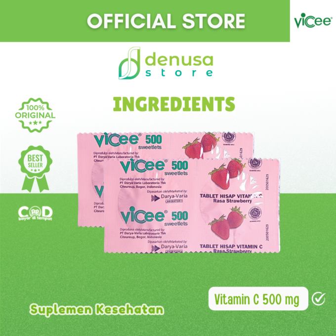 Vicee 500 Sweetlets - Tablet Hisap Vitamin C - Rasa Strawberry - 10 Strip - 20 Tablet