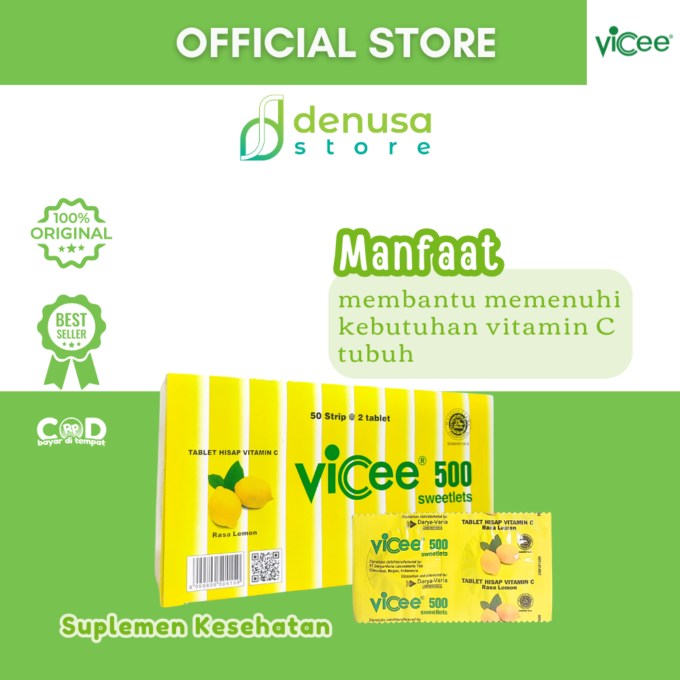 Vicee 500 Sweetlets - Tablet Hisap Vitamin C - Rasa Lemon - 1 Kotak - 100 Tablet