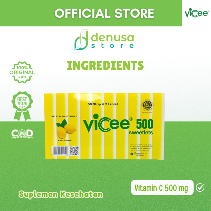 Vicee 500 Sweetlets - Tablet Hisap Vitamin C - Rasa Lemon - 1 Kotak - 100 Tablet