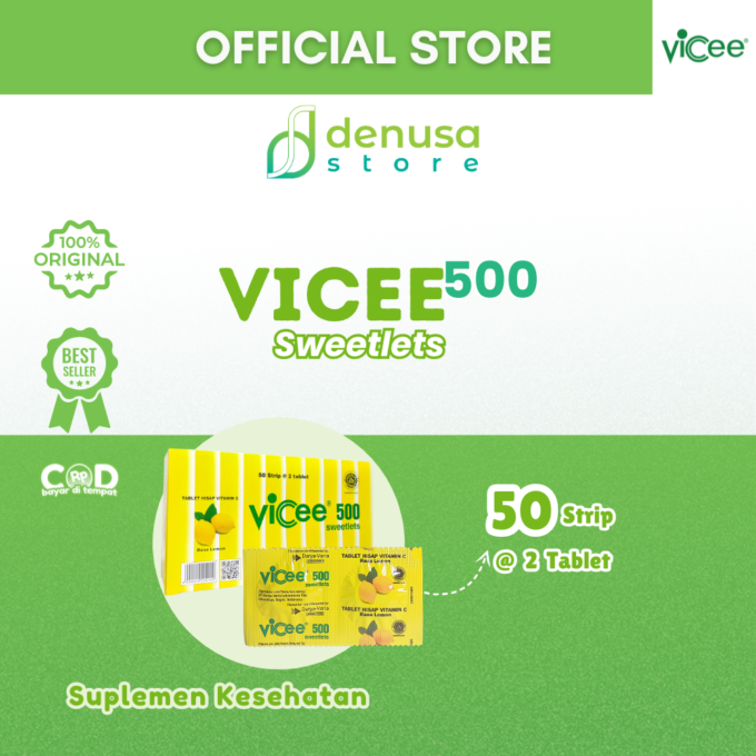 Vicee 500 Sweetlets - Tablet Hisap Vitamin C - Rasa Lemon - 1 Kotak - 100 Tablet