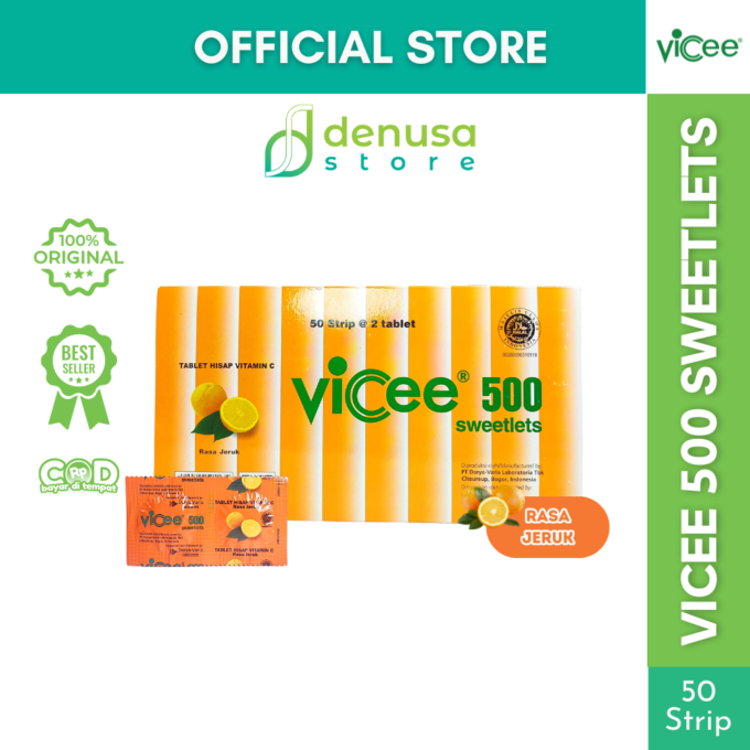 Vicee 500 Sweetlets - Tablet Hisap Vitamin C - Rasa Jeruk - 1 Kotak - 100 Tablet