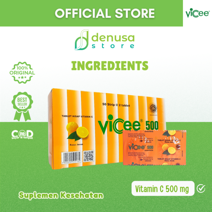 Vicee 500 Sweetlets - Tablet Hisap Vitamin C - Rasa Jeruk - 1 Kotak - 100 Tablet