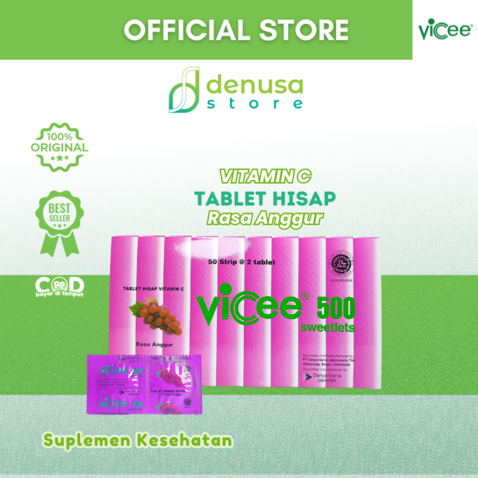 Vicee 500 Sweetlets - Tablet Hisap Vitamin C - Rasa Anggur - 1 Kotak - 100 Tablet