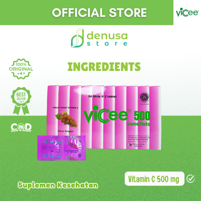 Vicee 500 Sweetlets - Tablet Hisap Vitamin C - Rasa Anggur - 1 Kotak - 100 Tablet