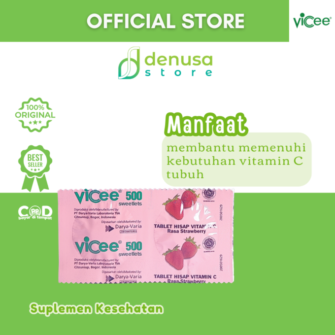 Vicee 500 Sweetlets - Tablet Hisap Vitamin C - Rasa Strawberry - 1 Strip - 2 Tablet