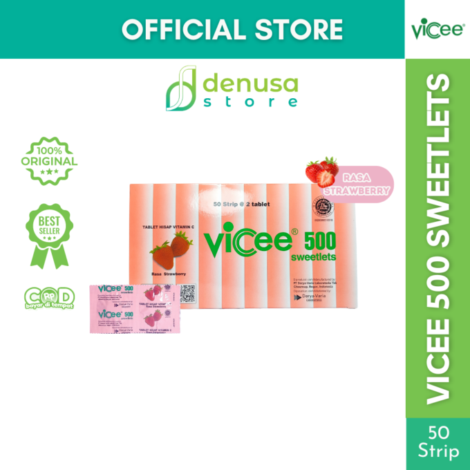 Vicee 500 Sweetlets - Tablet Hisap Vitamin C - Rasa Strawberry - 1 Kotak - 100 Tablet