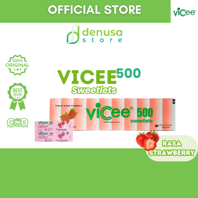 Vicee 500 Sweetlets - Tablet Hisap Vitamin C - Rasa Strawberry - 1 Kotak - 100 Tablet