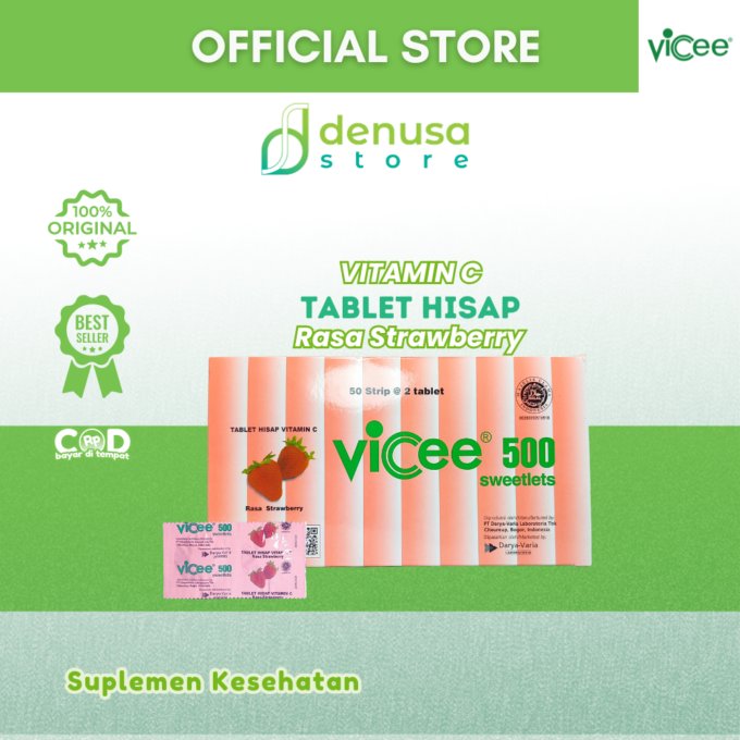 Vicee 500 Sweetlets - Tablet Hisap Vitamin C - Rasa Strawberry - 1 Kotak - 100 Tablet