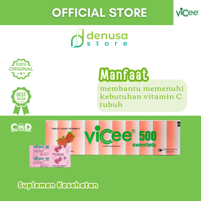 Vicee 500 Sweetlets - Tablet Hisap Vitamin C - Rasa Strawberry - 1 Kotak - 100 Tablet