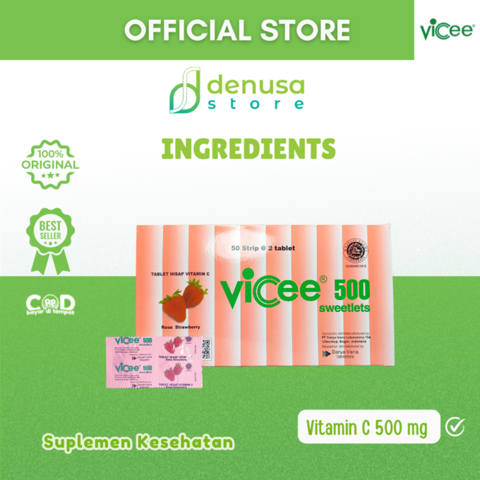 Vicee 500 Sweetlets - Tablet Hisap Vitamin C - Rasa Strawberry - 1 Kotak - 100 Tablet