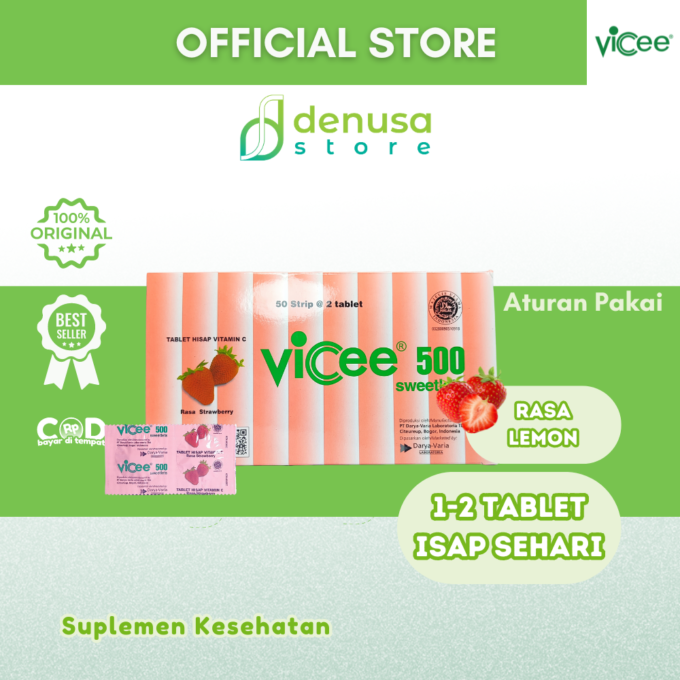 Vicee 500 Sweetlets - Tablet Hisap Vitamin C - Rasa Strawberry - 1 Kotak - 100 Tablet