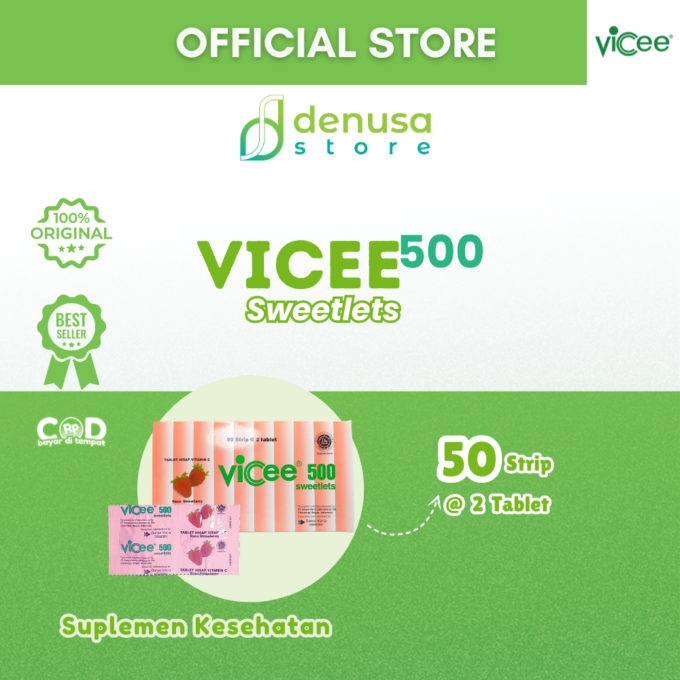 Vicee 500 Sweetlets - Tablet Hisap Vitamin C - Rasa Strawberry - 1 Kotak - 100 Tablet