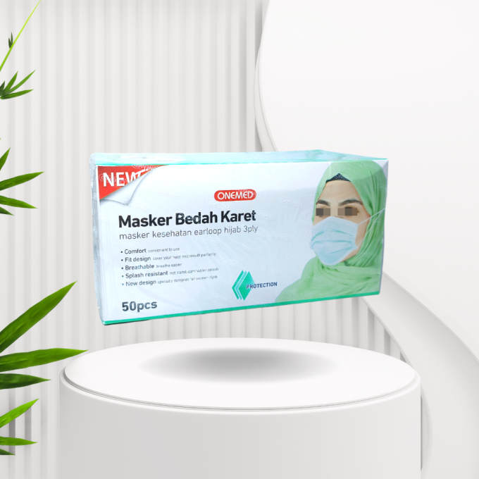 Onemed Masker Bedah Karet - Masker Earloop Hijab 3ply - Hijau 50pcs
