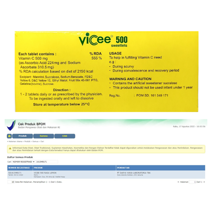 Vicee 500 Sweetlets - Tablet Hisap Vitamin C - Rasa Lemon - 1 Kotak - 100 Tablet