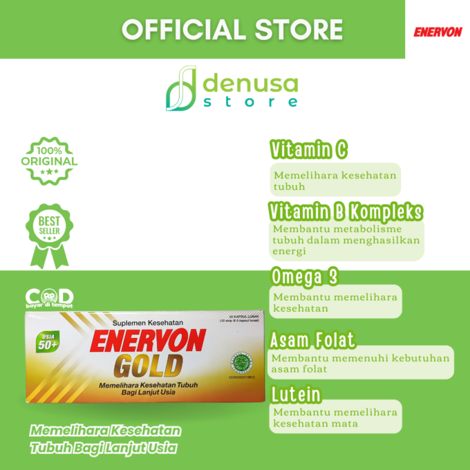 Enervon Gold Suplemen Lanjut Usia 50+ 1 Kotak 10 Strip 50 Kapsul Lunak