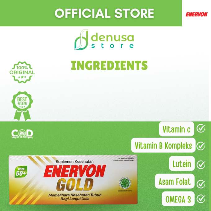 Enervon Gold Suplemen Lanjut Usia 50+ 1 Kotak 10 Strip 50 Kapsul Lunak