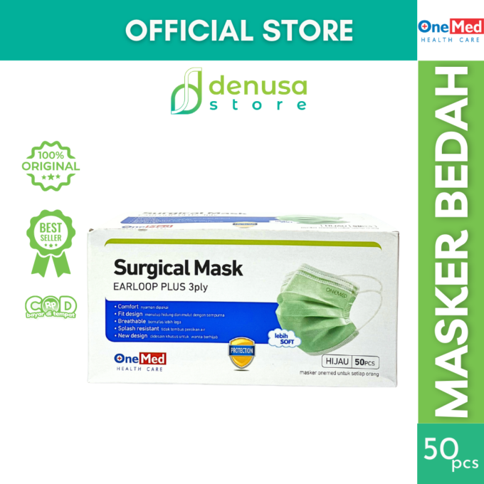 Onemed Surgical Mask Earloop Plus 3 ply Hijau 50 pcs Masker Hijab