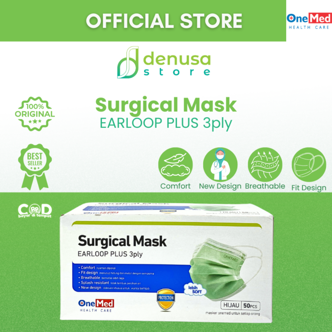 Onemed Surgical Mask Earloop Plus 3 ply Hijau 50 pcs Masker Hijab