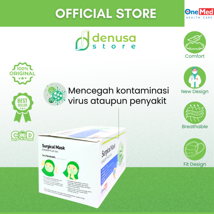 Onemed Surgical Mask Earloop Plus 3 ply Hijau 50 pcs Masker Hijab