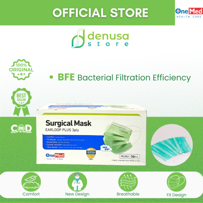 Onemed Surgical Mask Earloop Plus 3 ply Hijau 50 pcs Masker Hijab