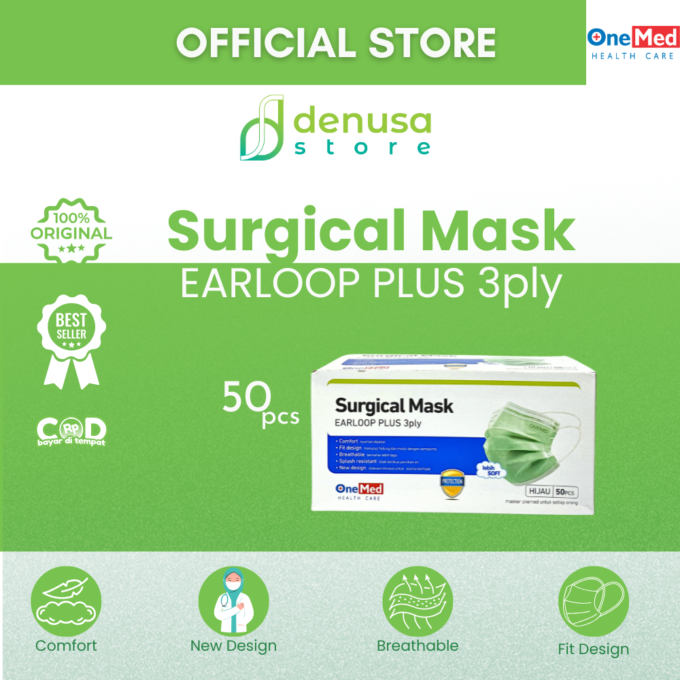 Onemed Surgical Mask Earloop Plus 3 ply Hijau 50 pcs Masker Hijab