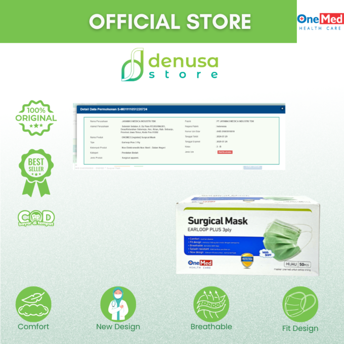 Onemed Surgical Mask Earloop Plus 3 ply Hijau 50 pcs Masker Hijab