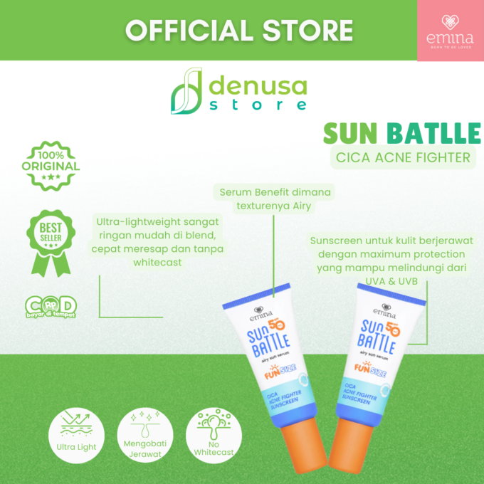 EMINA Sun Battle Airy Sun Serum Cica Acne Fighter Sunscreen SPF 50 Fun Size 20ml