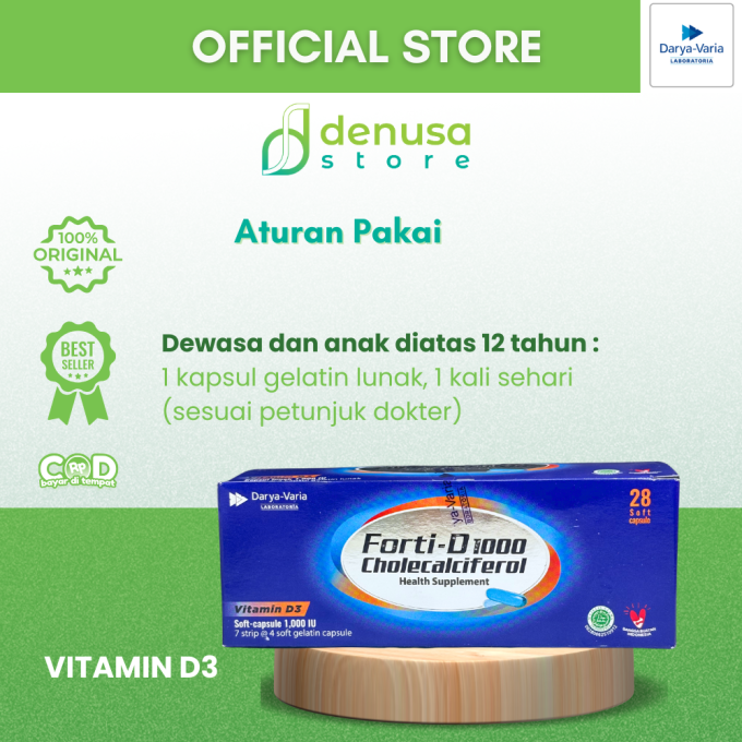 FORTI-D 1000 IU Cholecalciferol Vitamin D3 1 Kotak 7 Strip 28 Kapsul Lunak