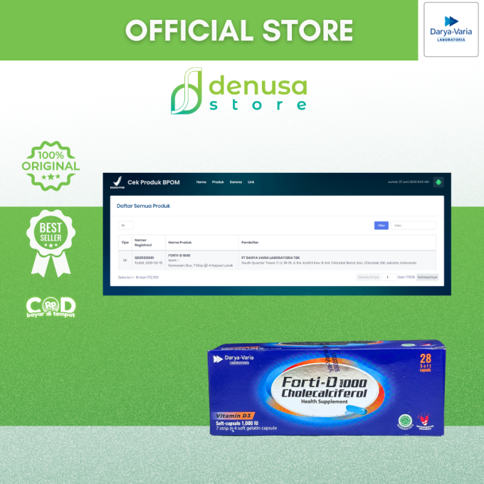 FORTI-D 1000 IU Cholecalciferol Vitamin D3 1 Kotak 7 Strip 28 Kapsul Lunak