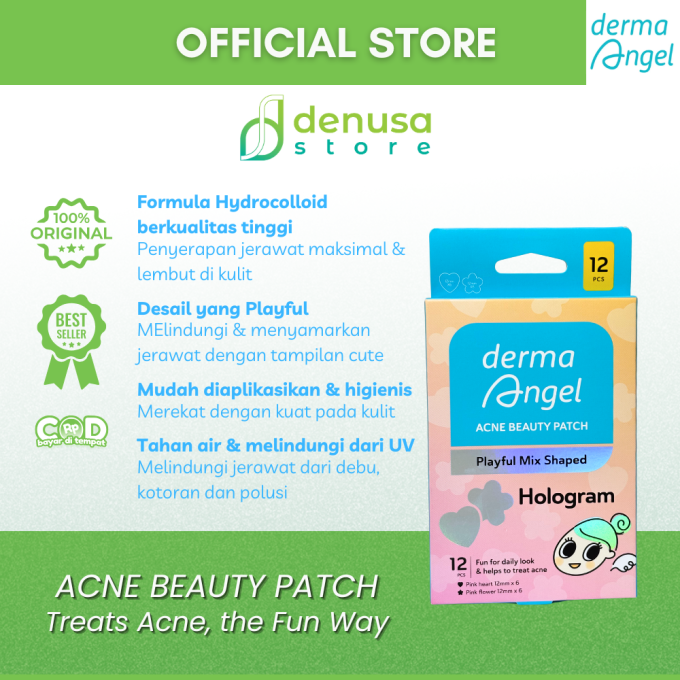 Derma Angel Acne Beauty Patch Playful Mix Shaped Hologram Hearth Flower 12 Pcs